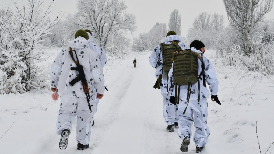 Ukrainian servicemen walk to their position at the frontline with Russia-backed separatists outside the village of Verkhnotoretske