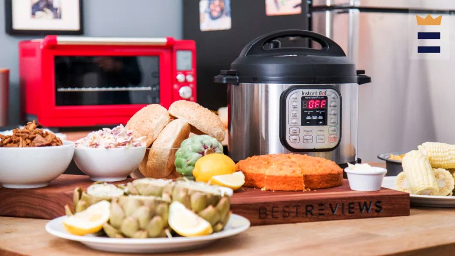 Instant Pot sitting on the kitchen counter surrounded by food