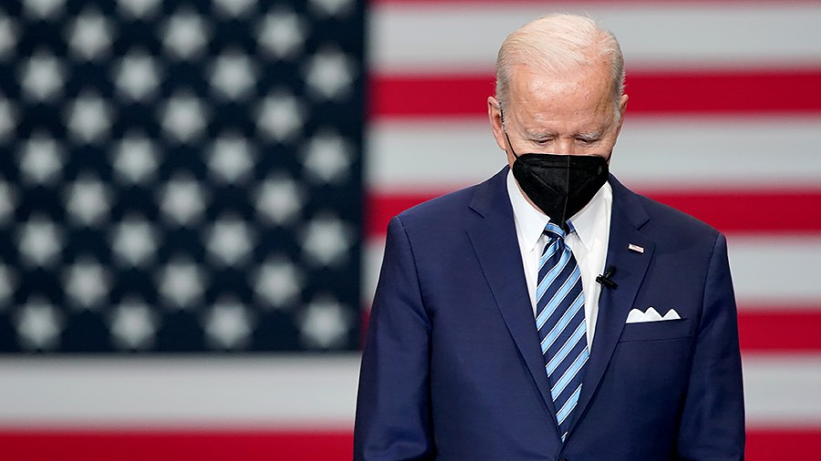 President Biden is seen during an event to sign an executive order regarding project labor agreements at Irownworks Local 5 in Upper Marlboro, Md., on Friday, February 4, 2022.