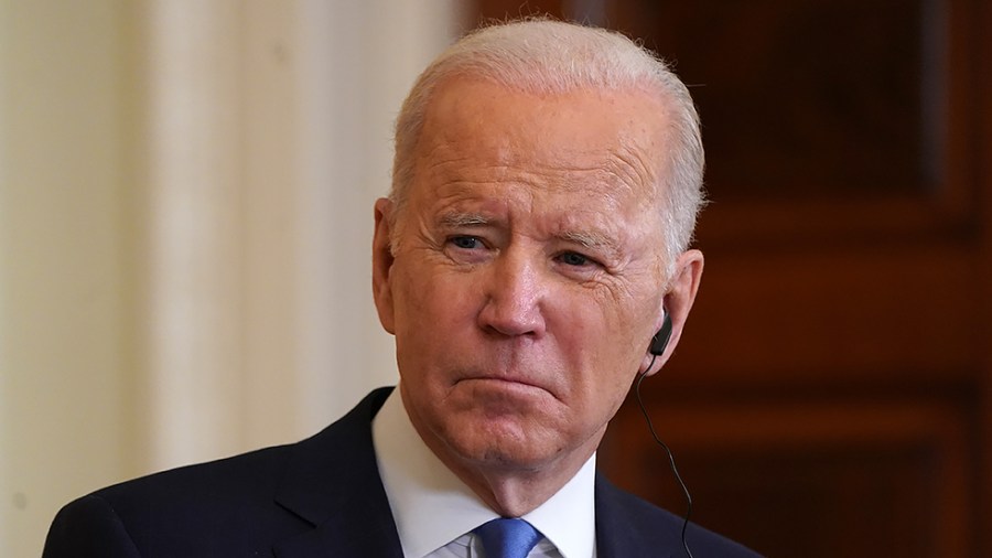 President Biden listens as he participates in a joint press conference with German Chancellor Olaf Scholz in the East Room of the White house on Monday, February 7, 2022 in Washington, D.C.