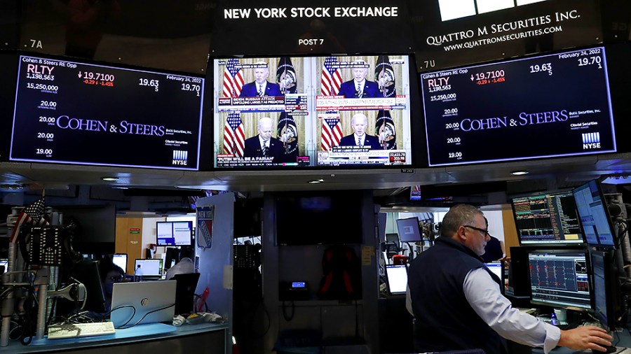 Traders work on the floor of the NYSE as President Joe Biden addresses the nation on developments after Russia launched an attack on Ukraine at the New York Stock Exchange on Wall Street in New York City on Thursday, February 24, 2022.