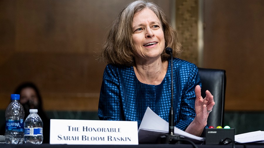 Sarah Bloom Raskin, nominee to be vice chairman for supervision and a member of the Federal Reserve Board of Governors, speaks during the Senate Banking, Housing and Urban Affairs Committee confirmation hearing on Thursday, February 3, 2022