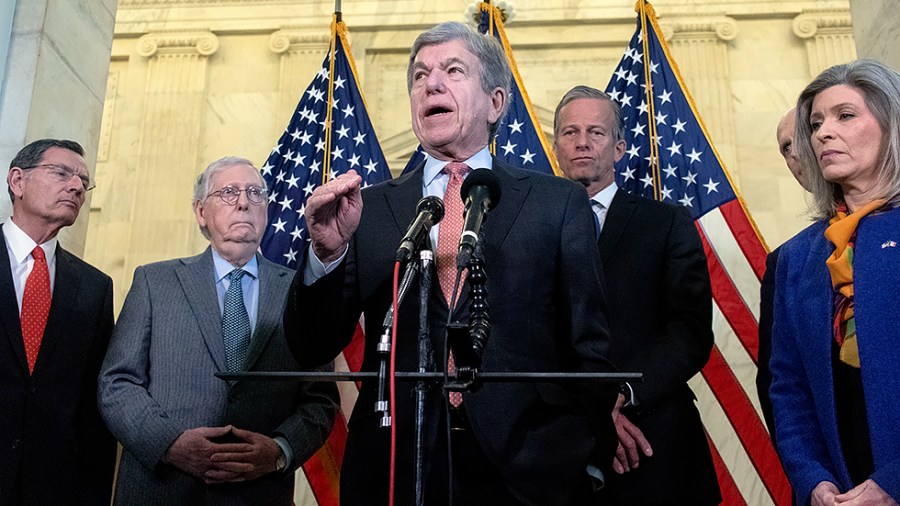 Sen. Roy Blunt (R-Miss.) speaks on rising energy prices during a post-luncheon press conference on Capitol Hill on Tuesday, February 15, 2022.