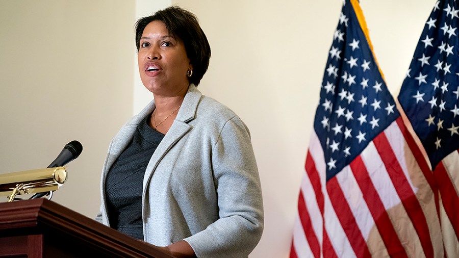 Washington, D.C., Mayor Muriel Bowser (D) speaks during a ceremony to unveil a statue of Pierre L'Enfant by artist Gordon Kray on Monday, February 28, 2022.