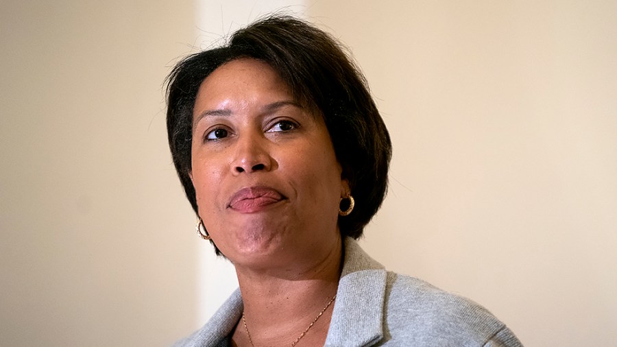 Washington, D.C., Mayor Muriel Bowser (D) speaks during a ceremony to unveil a statue of Pierre L'Enfant by artist Gordon Kray on Monday, February 28, 2022.