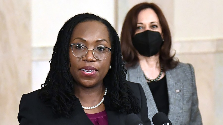 Judge Ketanji Brown Jackson makes remarks after President Joe Biden announced her nomination to the Supreme Court, as Vice President Kamala Harris listens, Friday, February 25, 2022, at the White House.