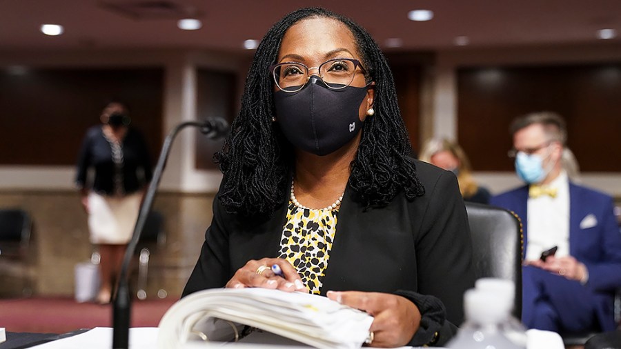 Ketanji Brown Jackson, nominated to be a U.S. Circuit Judge for the District of Columbia Circuit, is seated to testify before a Senate Judiciary Committee hearing on pending judicial nominations on Capitol Hill in Washington, U.S., April 28, 2021.