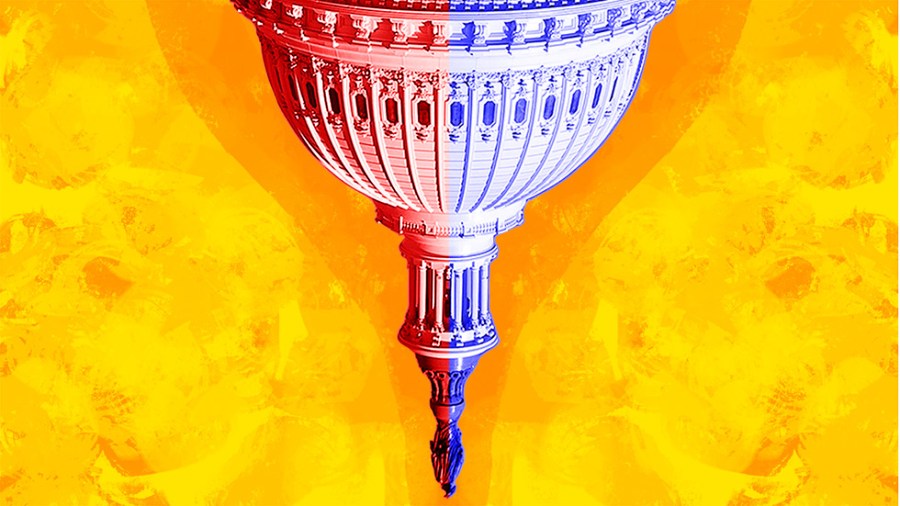 An upside down Capitol dome, split with blue and red, over a textured yellow-orange background