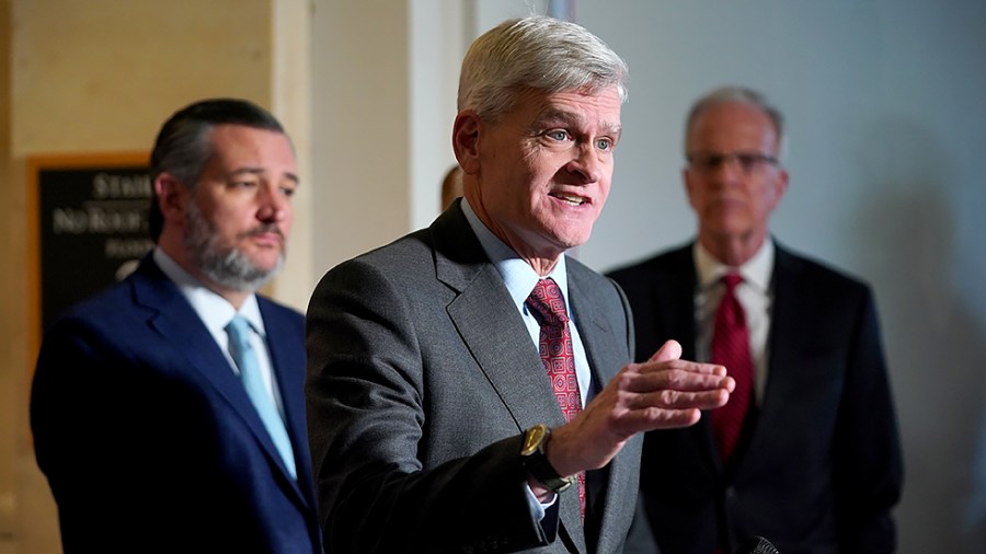 Sen. Bill Cassidy (R-La.) addresses reporters during a press conference on Wednesday, February 9, 2022 to discuss rising crime issues around the country.