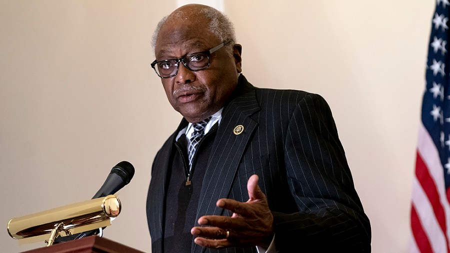 House Majority Whip James Clyburn (D-S.C.) speaks during a ceremony to unveil a statue of Pierre L'Enfant by artist Gordon Kray on Monday, February 28, 2022.