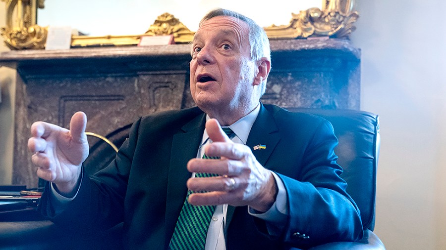 Sen. Richard Durbin (D-Ill.) speaks to reporters on Monday, February 28, 2022 to discuss Supreme Court nominee Ketanji Brown Jackson who was announced on Feb. 25 at the White House.