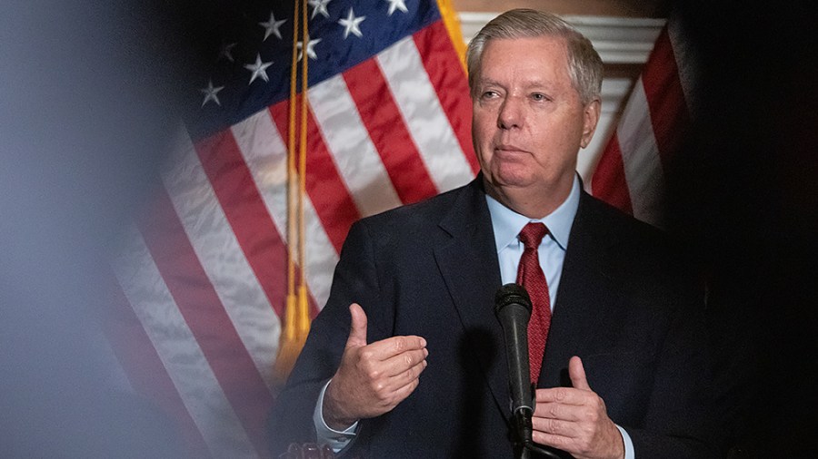 Sen. Lindsey Graham (R-S.C.) speaks during a press conference following the U.S. Senate approval of the Ending Forced Arbitration of Sexual Assault and Sexual Harassment Act in Washington, D.C. on Thursday, February 10, 2022.