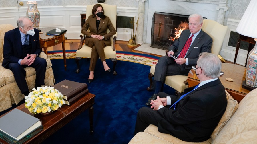 President Biden and Vice President Harris meet with Sen. Dick Durbin (D-Ill.) right, chairman of the Senate Judiciary Committee, and Sen. Chuck Grassley (Iowa), its ranking Republican