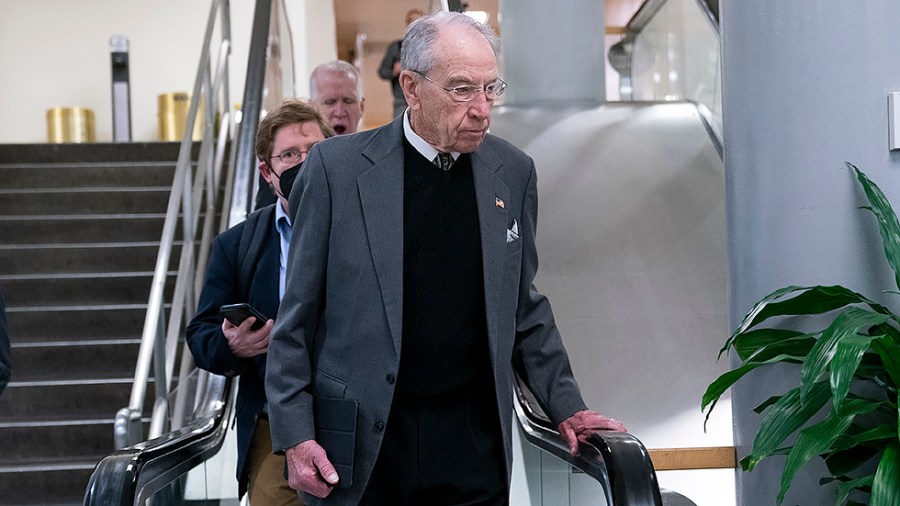 Sen. Chuck Grassley (R-Iowa) leaves the Capitol following procedural votes regarding Department of Defense nominations on Wednesday, February 16, 2022.