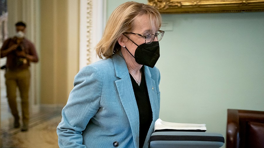 Sen. Maggie Hassan (D-N.H.) arrives to hear White House Chief of Staff Ron Klain address a Senate Democratic policy luncheon on Thursday, February 17, 2022.