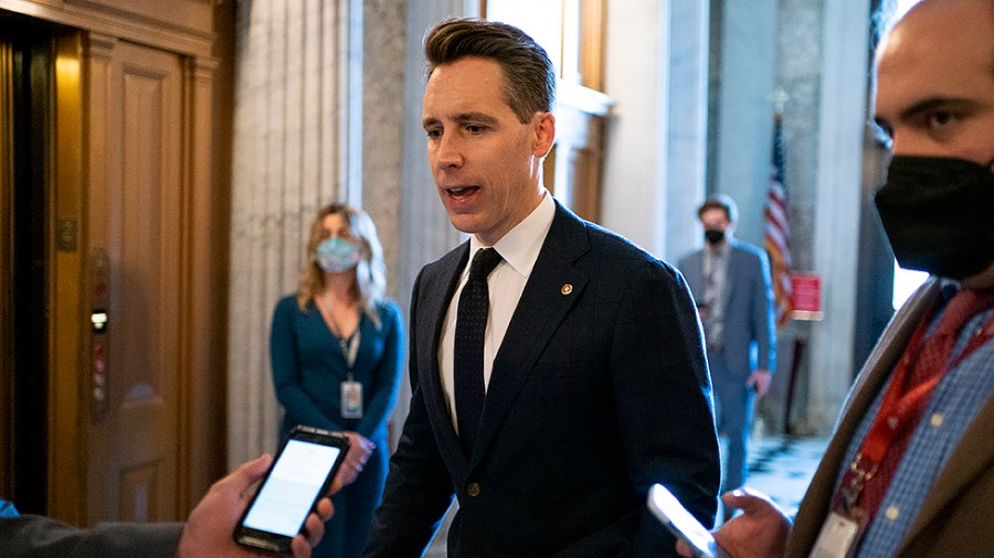 Sen. Josh Hawley (R-Mo.) arrives to the Senate Chamber for a series of votes regarding nominations on Tuesday, February 1, 2022.