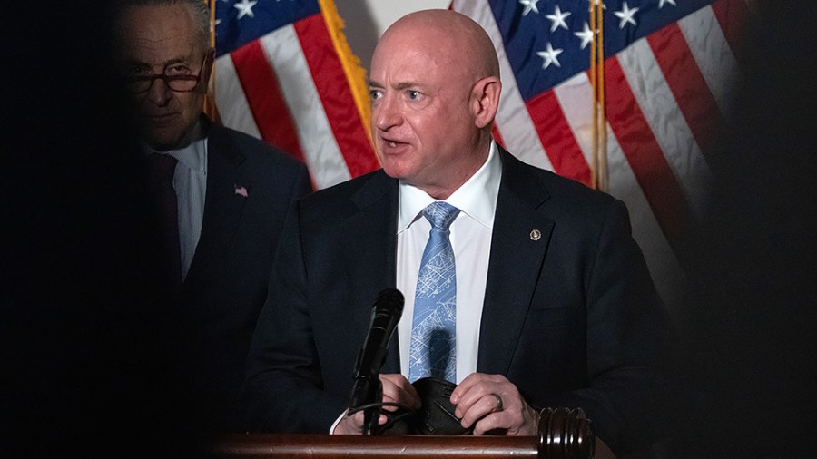 Senator Mark Kelly (D-AZ) speaks to the press during a post-luncheon conference at the U.S. Capitol in Washington, D.C. on Tuesday, February 8, 2022.