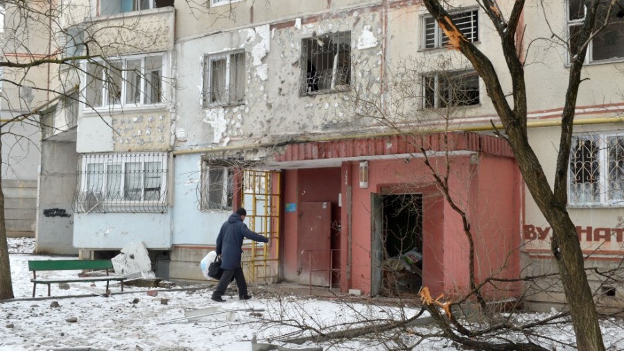 A view of a residential building damaged by recent shelling in Kharkiv