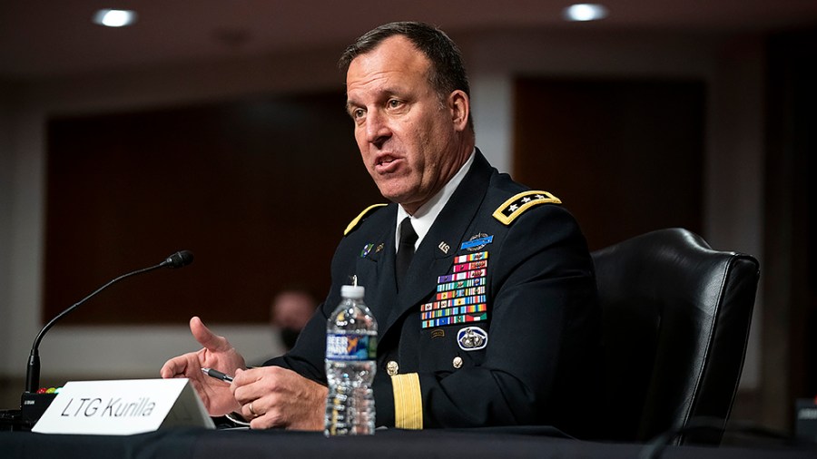 Lieutenant General Michael Kurilla answers questions during his Senate Armed Services Committee nomination hearing to be the next Central Command Commander on Tuesday, February 8, 2022.