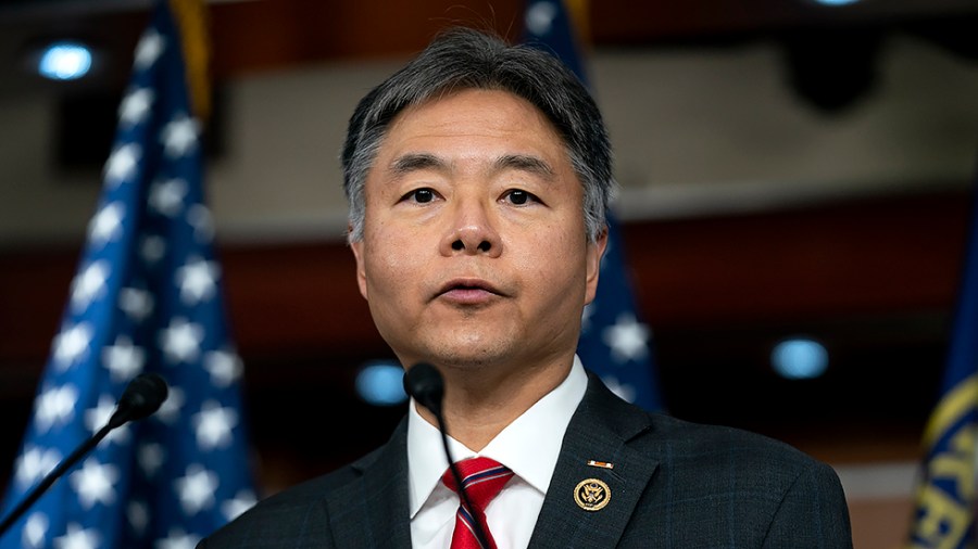 Rep. Ted Lieu (D-Calif.) addresses reporters after a closed-door Democratic caucus meeting on Wednesday, February 2, 2022.