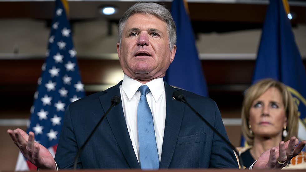 Rep. M. McCaul (R-Texas) addresses reporters after a closed-door House Republican conference meeting on Wednesday, February 2, 2022.