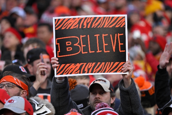 A Cincinnati Bengals fan had faith during the second half of the NFL AFC Championship football game