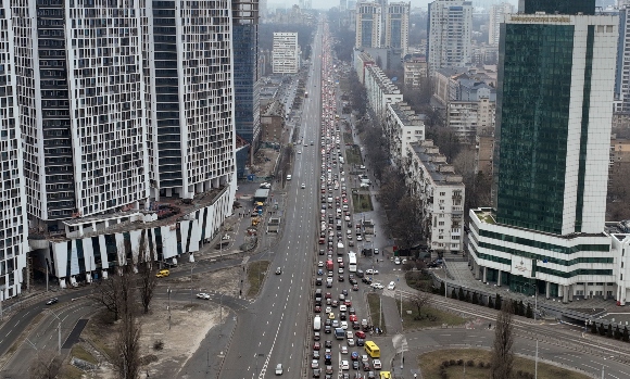 Traffic jams are seen as people leave the city of Kyiv