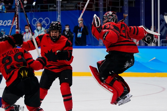 Canada goalkeeper Ann-Renee Desbiens (35) celebrates as Canada defeats the United States to win the women's gold medal hockey game at the 2022 Winter Olympics