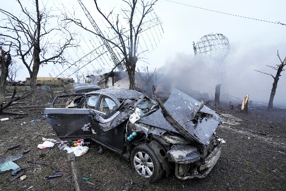 Damaged radar arrays and other equipment is seen at Ukrainian military facility outside Mariupol