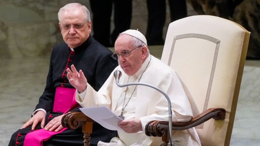 Pope Francis speaks during his weekly general audience in the Paul VI Hall at the Vatican, Wednesday.