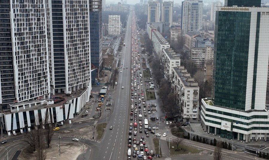 Traffic jams are seen as people leave the city of Kyiv, Ukraine