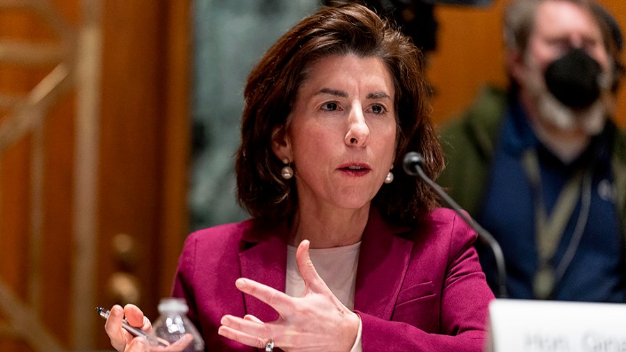 Commerce Secretary Gina Raimondo testifies before a Senate Appropriations Subcommittee to examine expanding broadband access, focusing on the Department of Commerce broadband programs in the Infrastructure Investment and Jobs Act on Feb. 1, 2022.