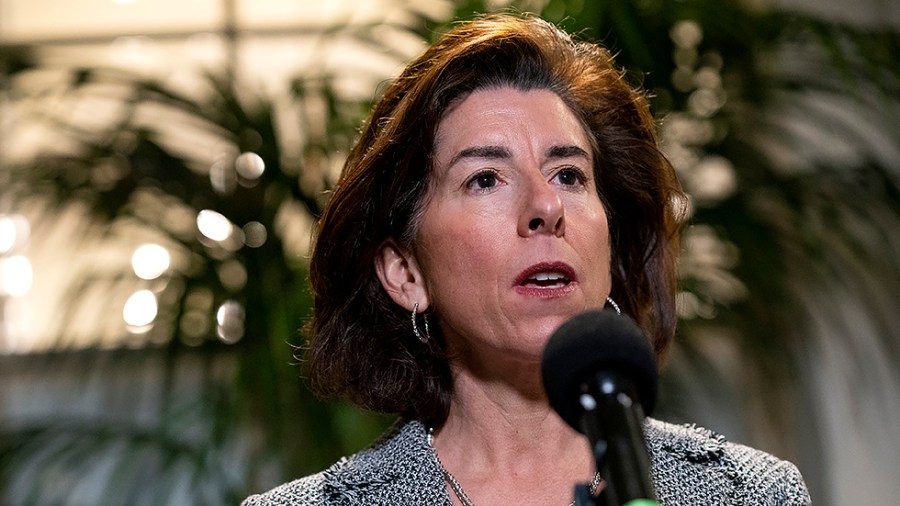 Secretary of Commerce Gina Raimondo addresses reporters after a closed-door Democratic caucus meeting where they discussed the America COMPETES Act regarding supply chain and semiconductor shortages on Wednesday, February 2, 2022.