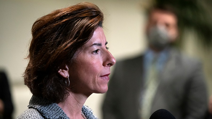 Secretary of Commerce Gina Raimondo addresses reporters after a closed-door Democratic caucus meeting where they discussed the America COMPETES Act regarding supply chain and semiconductor shortages on Wednesday, February 2, 2022.