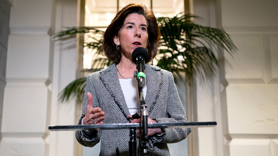 Secretary of Commerce Gina Raimondo addresses reporters after a closed-door Democratic caucus meeting where they discussed the America COMPETES Act regarding supply chain and semiconductor shortages on Wednesday, February 2, 2022.