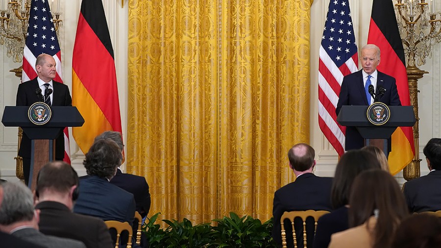 President Biden participates in a joint press conference with German Chancellor Olaf Scholz in the East Room of the White house on Monday, February 7, 2022 in Washington, D.C.