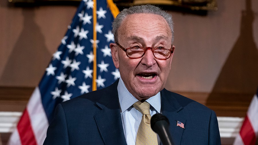 Majority Leader Charles Schumer (D-N.Y.) addresses reporters during a press conference on Monday, February 28, 2022 to discuss the Women’s Health Protection Act prior to its’ vote.