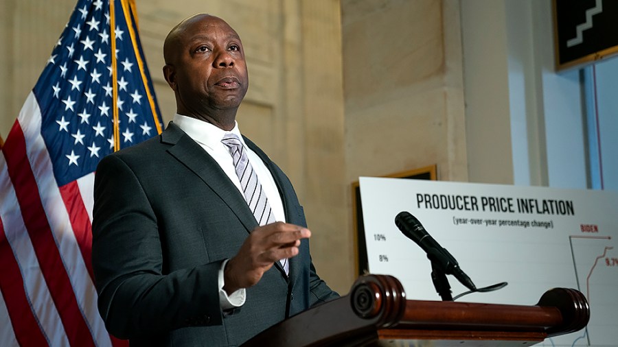 Sen. Tim Scott (R-S.C.) addresses reporter during a press conference on Wednesday, February 16, 2022 to discuss inflation during President Biden’s administration.