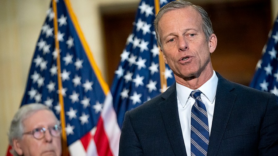 Sen. John Thune (R-S.D.) addresses reporters after the weekly policy luncheon on Tuesday, February 1, 2022.