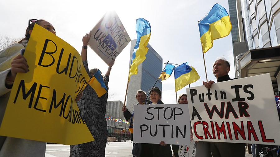 People gather for a rally in support of Ukraine sovereignty while Russia's military presence at the border and in the region continues as the U.N. Security Council holds a meeting on the tensions between Ukraine and Russia outside of the U.N. on Feb. 17.