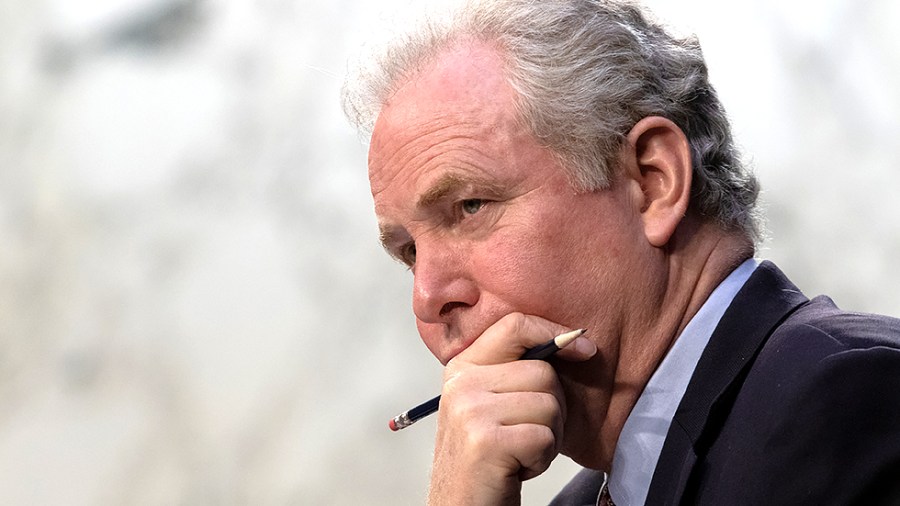 Sen. Chris Van Hollen (D-Md.) listens to Braxton Wright testify during the Senate Budget Committee hearing, “Warrior Met and Wall Street Greed: What Corporate Raiders are Doing to Workers and Consumers” on Thursday, February 17, 2022.