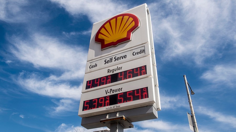 View of the prices of gas at the Shell gas station in New York.