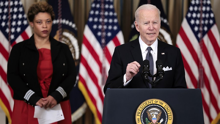 Director of the U.S. Office of Management and Budget Shalanda Young looks on as President Biden announces his Budget for FY 2023 at the White House in Washington, D.C., on Monday, March 28, 2022.