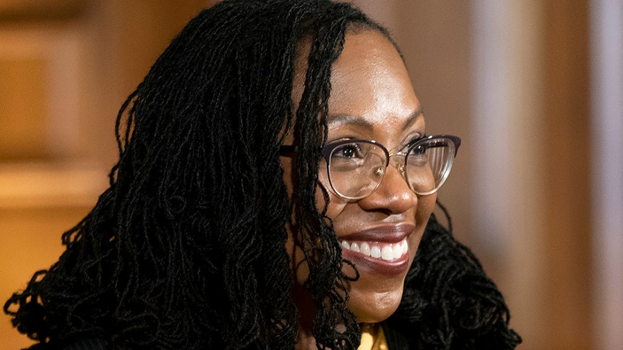 Supreme Court nominee Ketanji Brown Jackson is seen during a photo op with Majority Leader Charles Schumer (D-N.Y.) prior to their meeting on Wednesday, March 2, 2022.