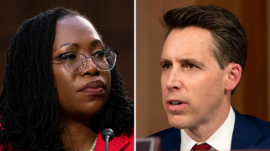 Sen. Josh Hawley (R-Mo.) asks questions of Supreme Court nominee Ketanji Brown Jackson during the second day of her Senate Judiciary Committee confirmation hearing on Tuesday, March 22, 2022.