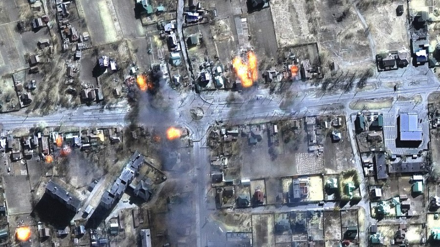 This satellite image provided by Maxar Technologies shows burning buildings in a residential area in northeast Chernihiv, Ukraine on Wednesday, March 16, 2022