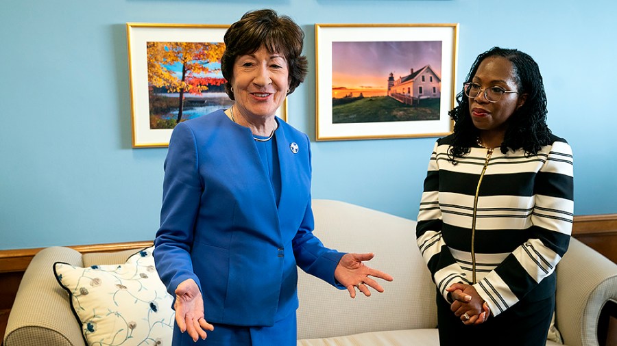 Sen. Susan Collins (R-Maine) gives a non-answer to a reporter during a photo op with Supreme Court nominee Ketanji Brown Jackson prior to their meeting on Tuesday, March 8, 2022.