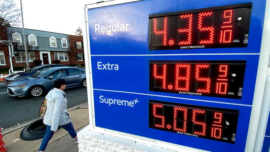 Gas prices are seen at an Exxon in Arlington, Va., on Friday, March 11, 2022. The average gas price has surpassed $4 a gallon this week, the first time since 2008.