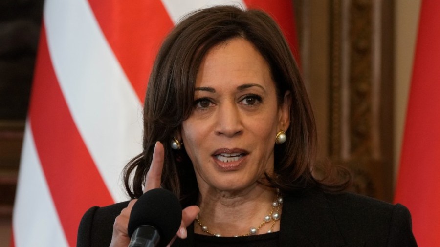 Vice President Harris speaks during a press conference with Poland's President Andrzej Duda in Warsaw, Poland