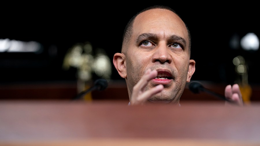 Rep. Hakeem Jeffries (D-N.Y.) addresses reporters after a closed-door Democratic caucus meeting on Wednesday, February 2, 2022.